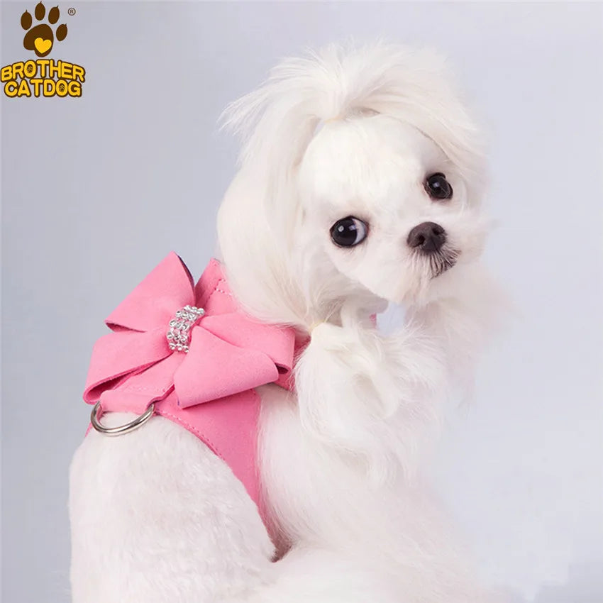 Brand Soft Suede Leather Small Pet Dog Harness for Puppies Chihuahua Yorkie Cute Pet Harness with Leash Bow Rhinestones Hot Sale