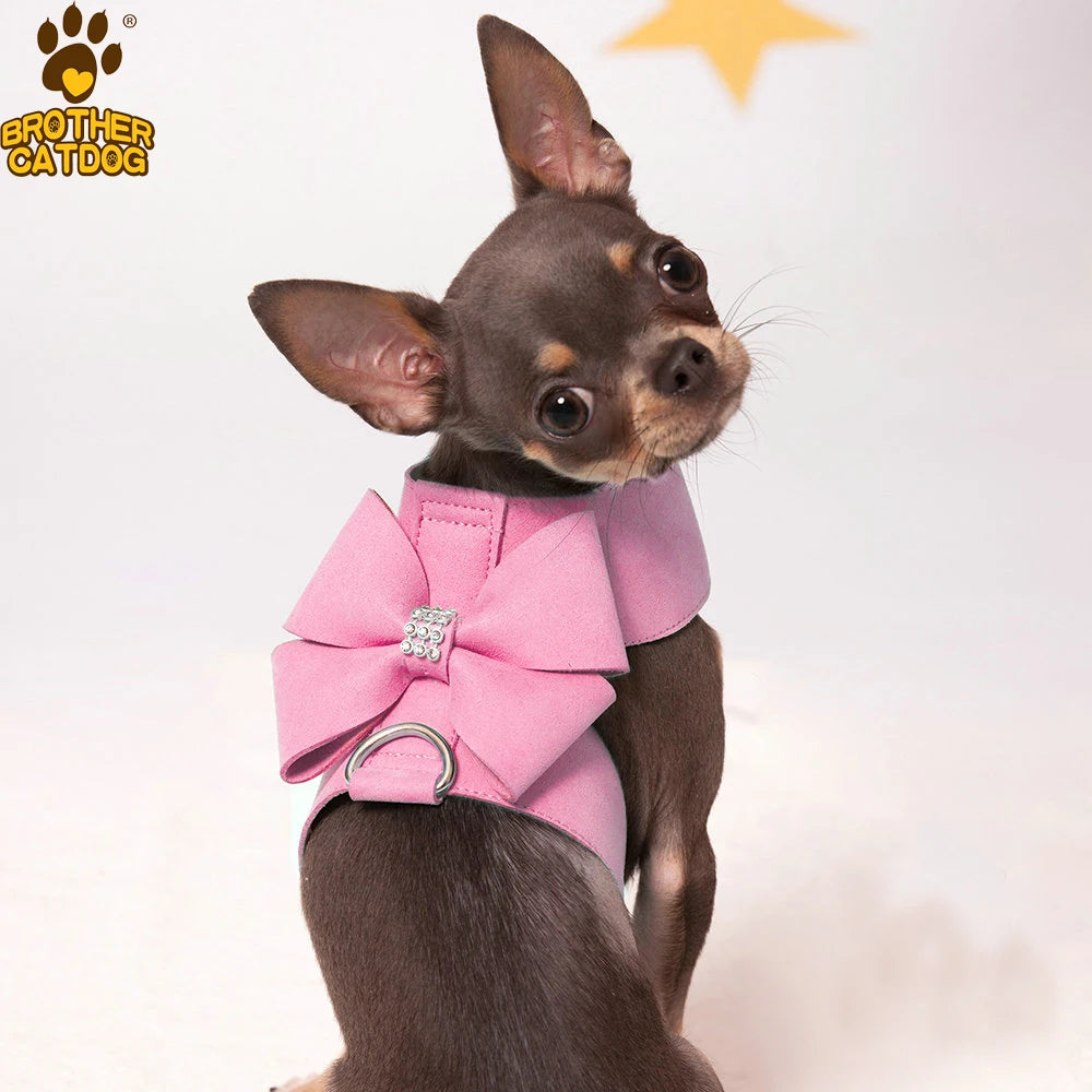 Brand Soft Suede Leather Small Pet Dog Harness for Puppies Chihuahua Yorkie Cute Pet Harness with Leash Bow Rhinestones Hot Sale