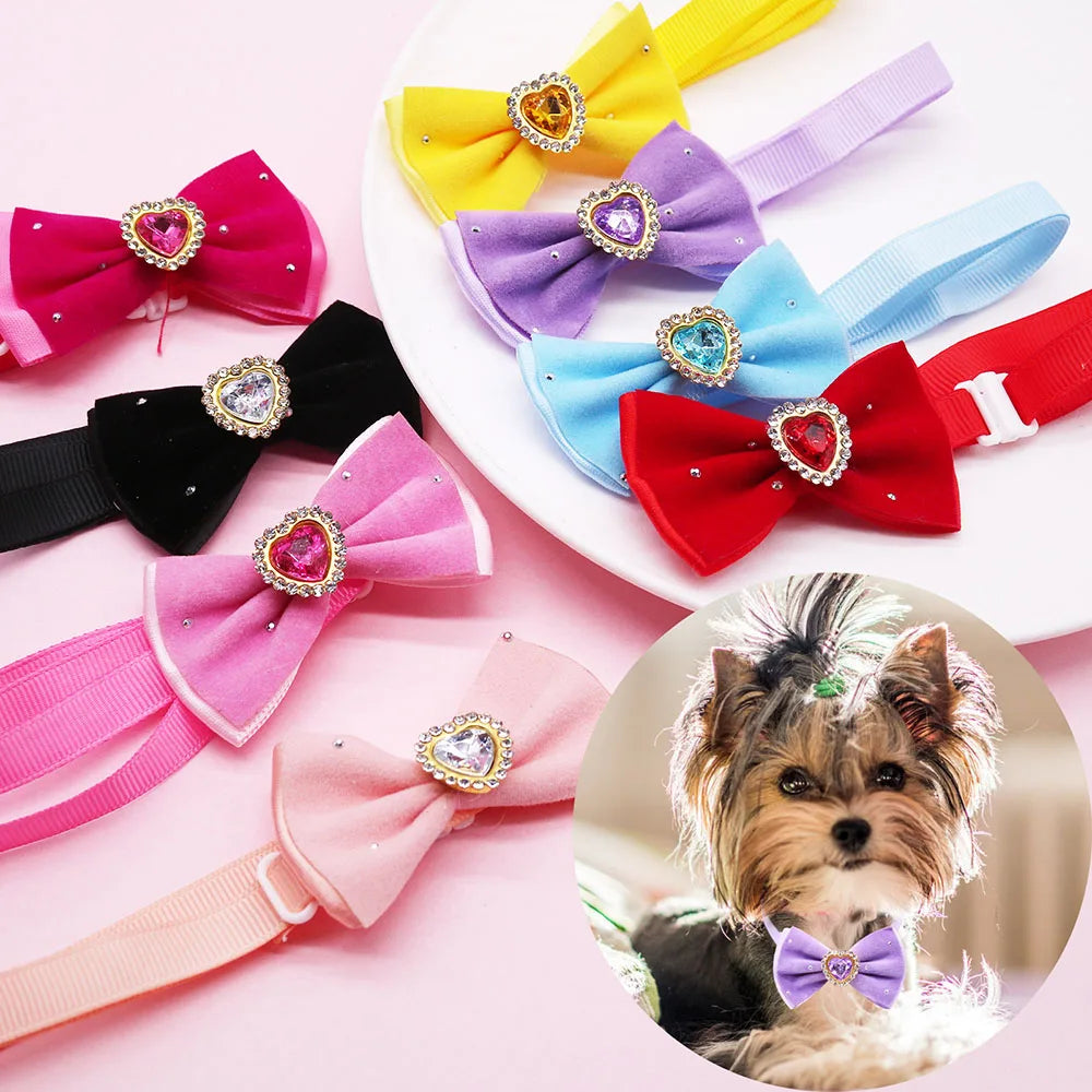 50PCS Diamonds Pet Collars For Dogs and Cats Mixed Colors Adjustable Dog Bowties Small Puppy Bowknots Pet Supplies For Dogs