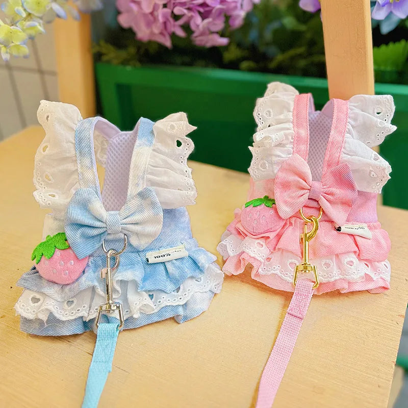 Pet Cat Cute Strawberry Dog Harness Thin Denim Traction Skirt Princess Small Dog Teddy Bear Can Traction Spring