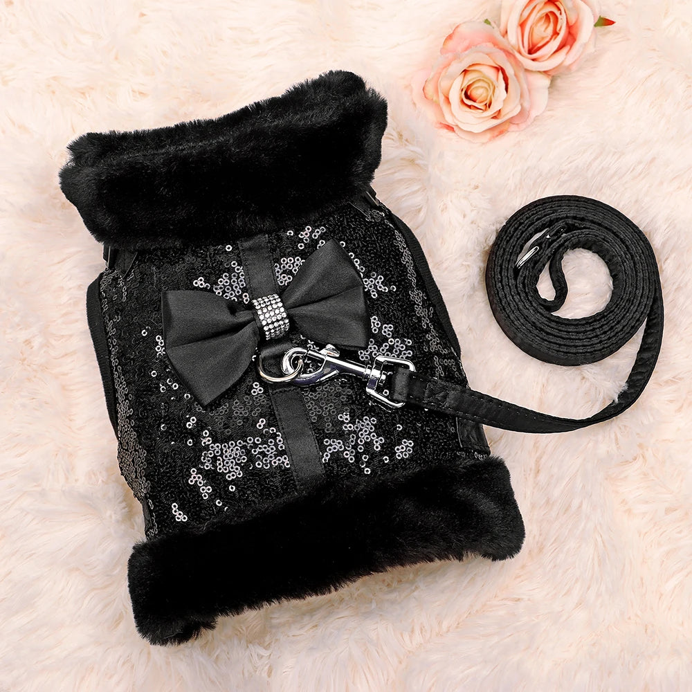 Winter Dog Harness Leash Set Warm Puppy Cat Harnesses With Fur Collar Bling Sequines Pet Vests For Dogs Cats Bowknot Accessories