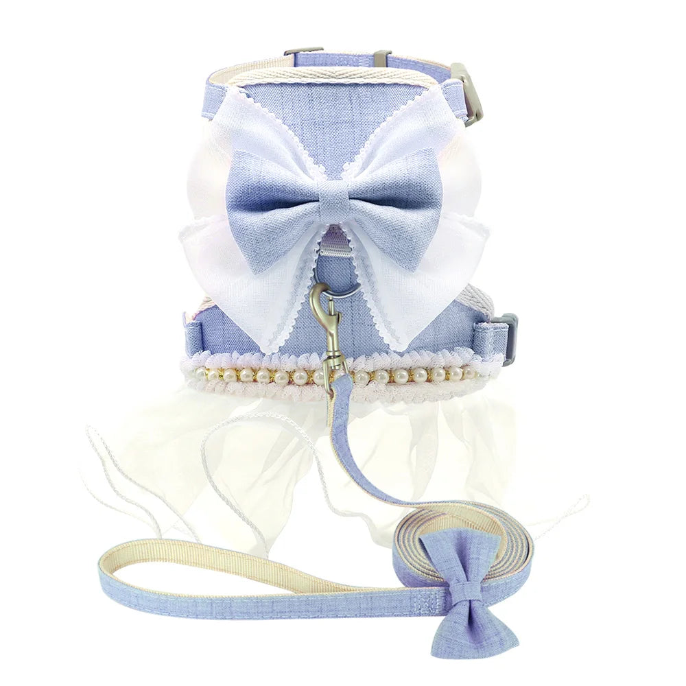 Nylon Cat Harness Leash Set Cute Bowknot Cat Dress Pet Puppy Kittten Party Princess Costumes Harnesses For Small Dogs Cats Pink