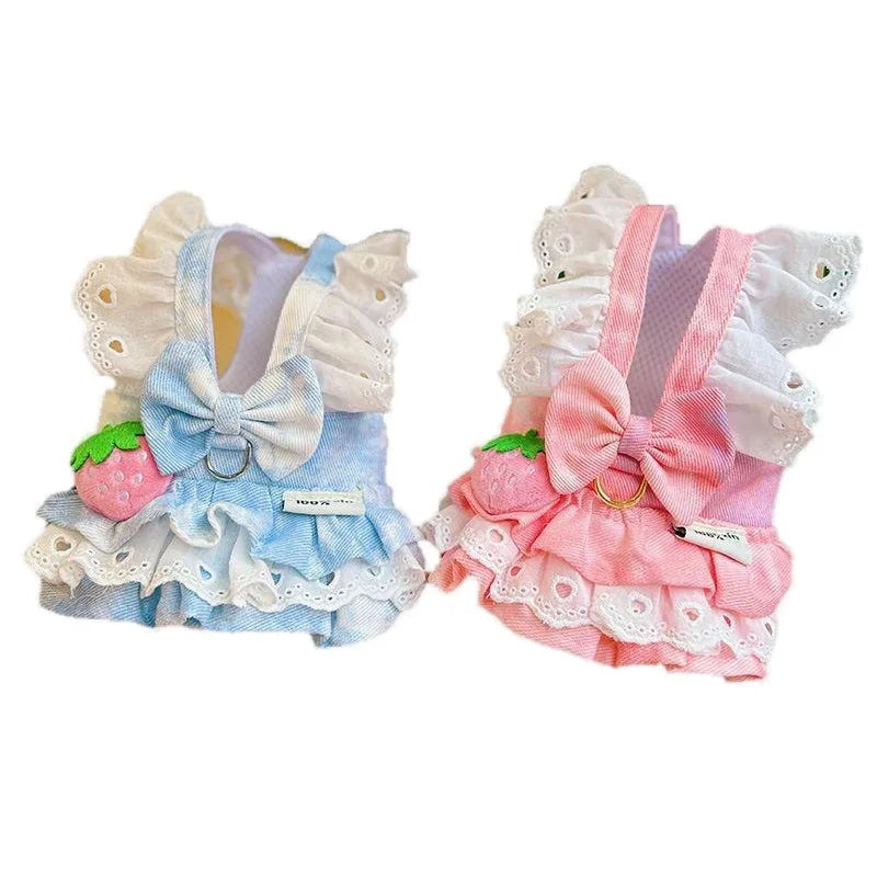 Pet Cat Cute Strawberry Dog Harness Thin Denim Traction Skirt Princess Small Dog Teddy Bear Can Traction Spring