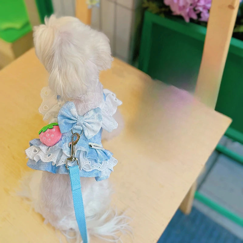 Pet Cat Cute Strawberry Dog Harness Thin Denim Traction Skirt Princess Small Dog Teddy Bear Can Traction Spring