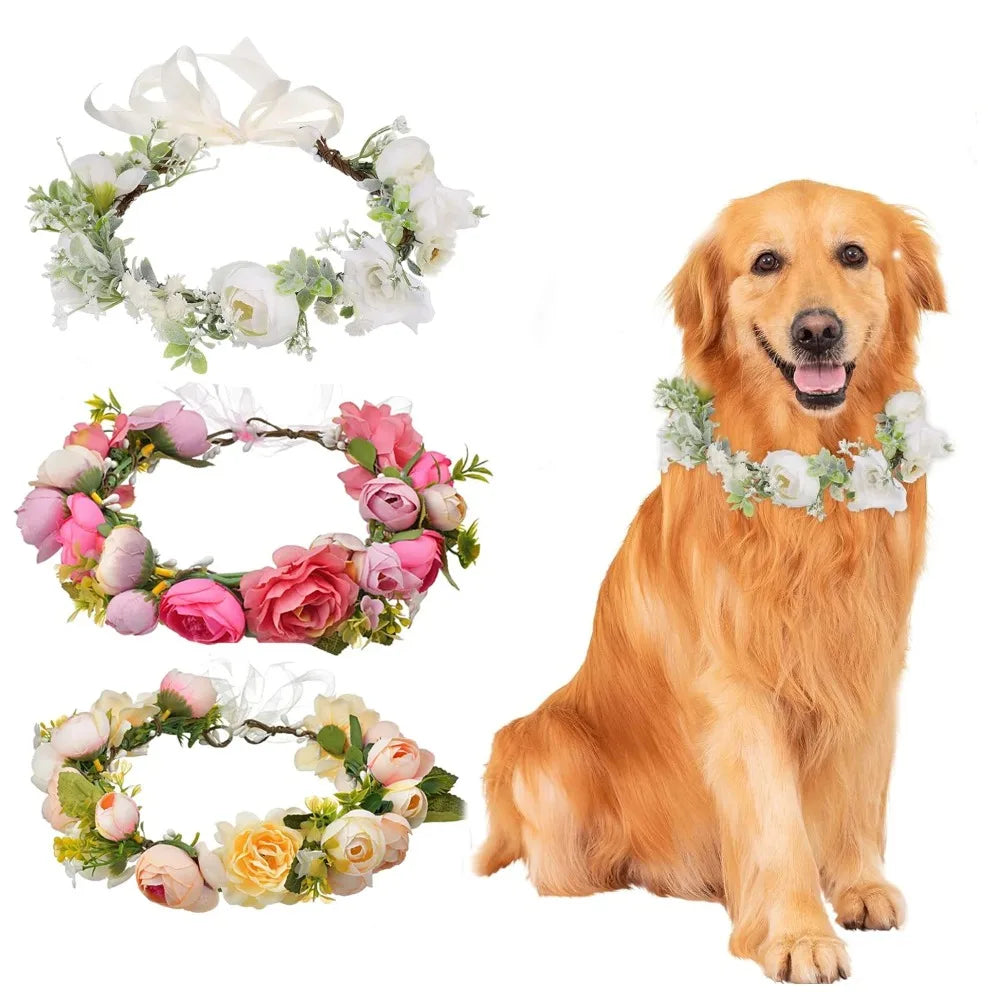 Adjustable Elegant Flower Dog Collar for Medium Large Dogs Cats Wedding Photo Props Pet Costume Accessories