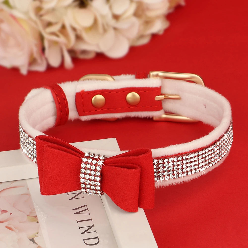 Cute Bowknot Dog Collar Bling Rhinestone Small Dogs Cat Collars Soft Velvet Pet Puppy Necklace Warm Glitter For Dogs Chihuahua