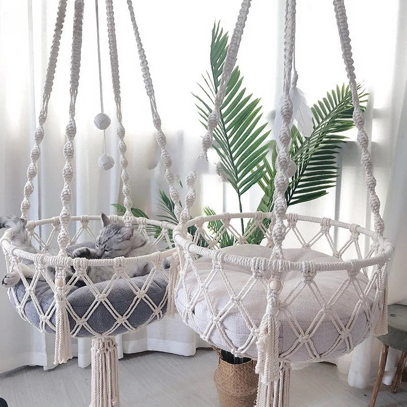 Winter Pet Hammock Cat Swing Hand Woven Cotton Rope Cats Hanging Basket  Kitten Hanging String Den Indoor Pend Nest Pet Supplies