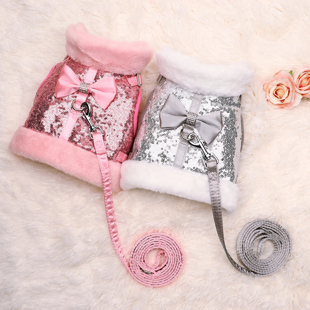 Winter Dog Harness Leash Set Warm Puppy Cat Harnesses With Fur Collar Bling Sequines Pet Vests For Dogs Cats Bowknot Accessories