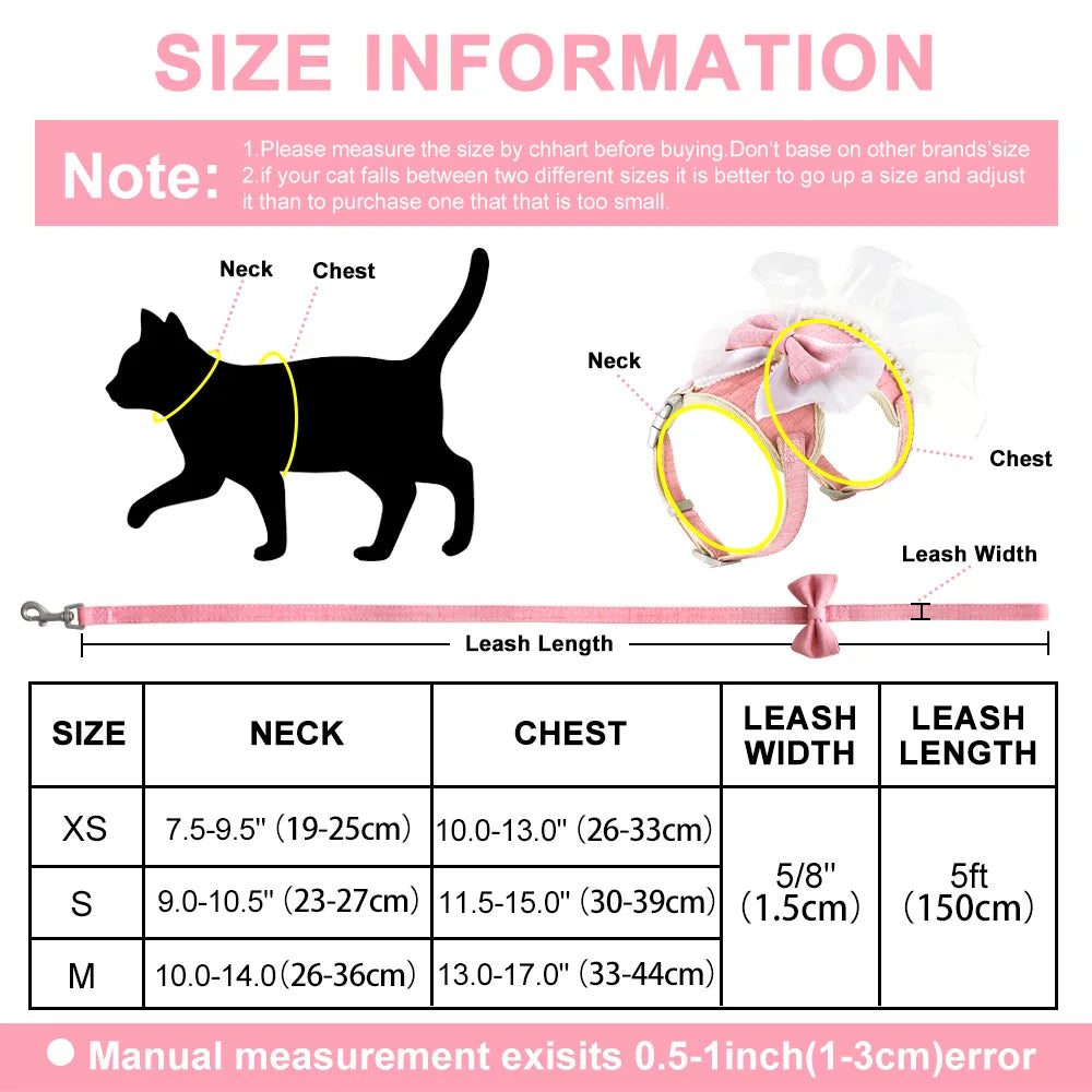 Nylon Cat Harness Leash Set Cute Bowknot Cat Dress Pet Puppy Kittten Party Princess Costumes Harnesses For Small Dogs Cats Pink