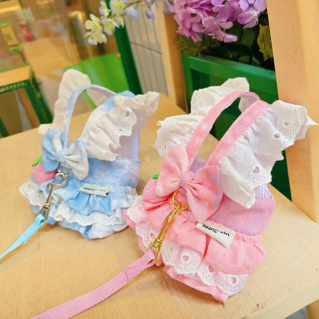 Pet Cat Cute Strawberry Dog Harness Thin Denim Traction Skirt Princess Small Dog Teddy Bear Can Traction Spring