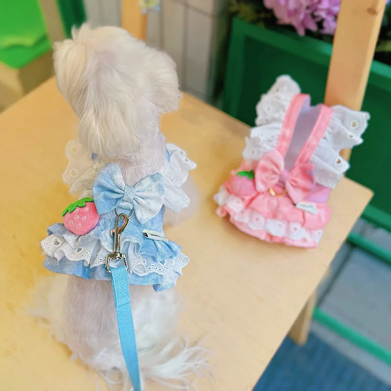 Pet Cat Cute Strawberry Dog Harness Thin Denim Traction Skirt Princess Small Dog Teddy Bear Can Traction Spring