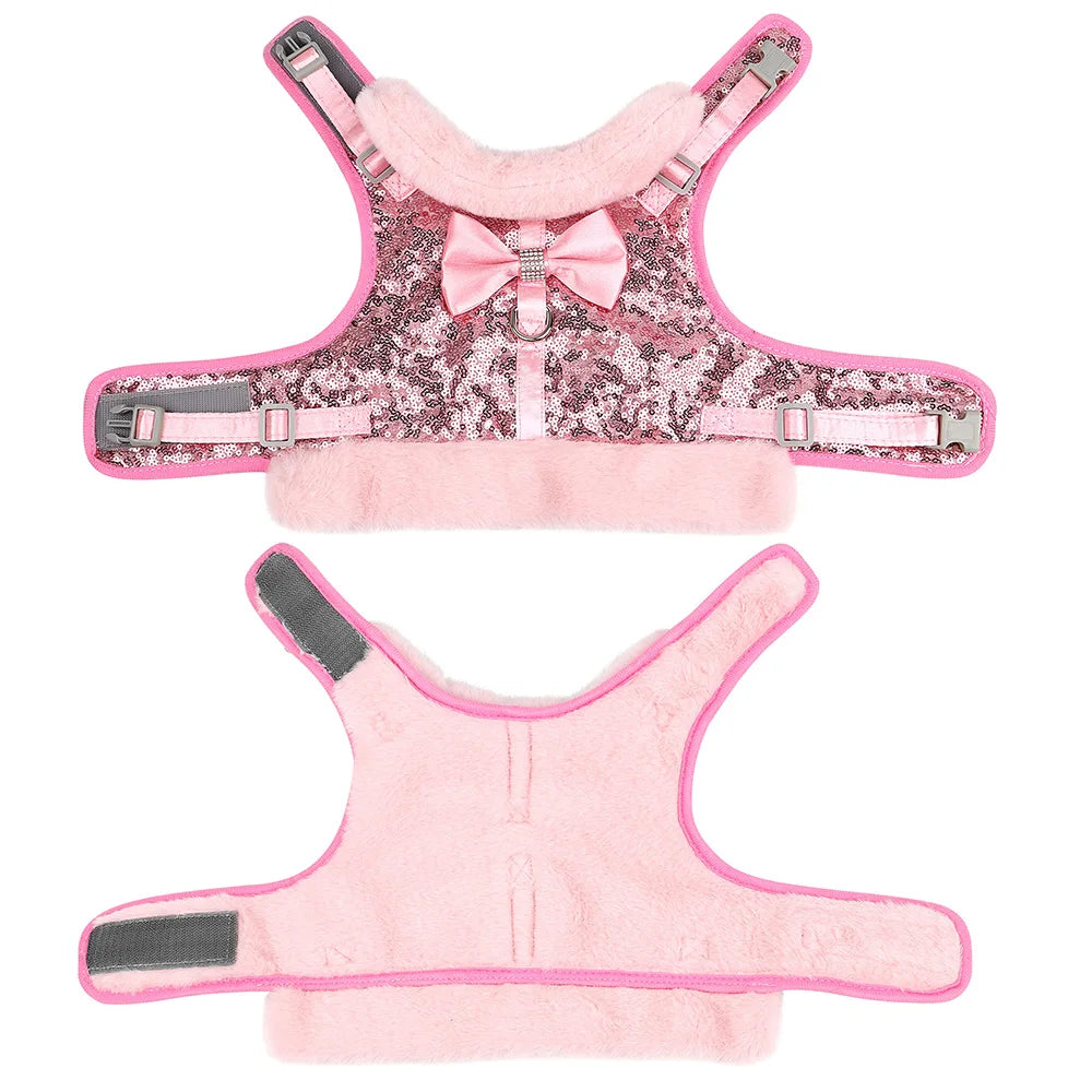 Winter Dog Harness Leash Set Warm Puppy Cat Harnesses With Fur Collar Bling Sequines Pet Vests For Dogs Cats Bowknot Accessories