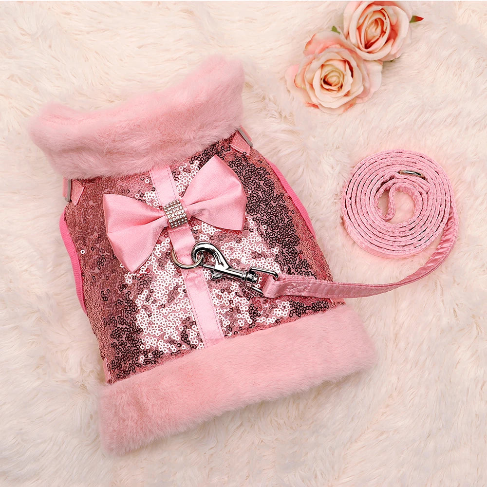 Winter Dog Harness Leash Set Warm Puppy Cat Harnesses With Fur Collar Bling Sequines Pet Vests For Dogs Cats Bowknot Accessories